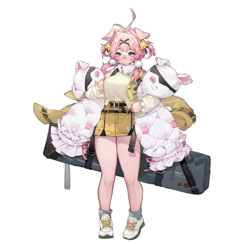 1girl ahoge animal_ears animal_pillow bell belt blue_eyes blush breasts colored_skin full_body game_cg girls_frontline glasses hair_bell hair_ornament hairclip highres holding holding_pillow jacket large_breasts long_hair looking_at_viewer official_art pig_ears pig_girl pig_nose pillow pink_hair pink_skin shoes skirt socks solo tabuk_(girls_frontline) tachi-e transparent_background twintails weapon_case yellow_jacket yellow_skirt you_hashira