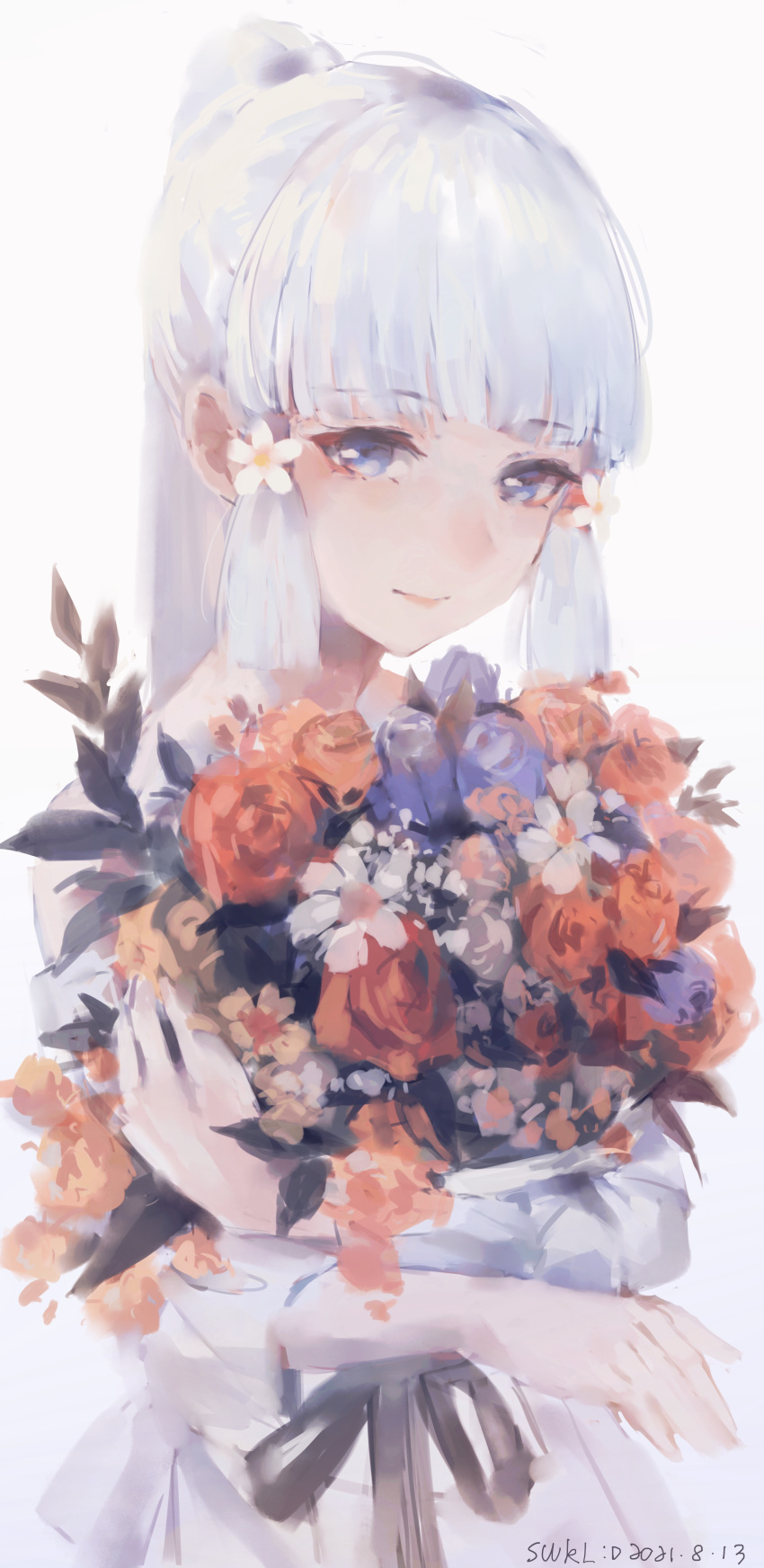 1girl 2021 absurdres bangs black_ribbon blue_eyes blue_flower blunt_bangs bouquet dated dress flower genshin_impact hair_flower hair_ornament high_ponytail highres holding holding_bouquet kamisato_ayaka long_hair long_sleeves orange_flower orange_rose ribbon rose shiny shiny_hair sidelocks signature silver_hair simple_background solo standing swkl:d white_background white_dress white_flower