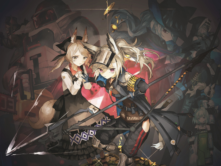 1boy 6+girls absurdres animal_ears arknights bangs big_bob_(arknights) black_capelet black_dress black_gloves black_headwear capelet carol_(arknights) cat_ears commentary cup dress gloves gold_coin grani_(arknights) green_dress hair_between_eyes highres holding holding_chainsaw holding_polearm holding_spear holding_sword holding_weapon horse_ears jacket kal'tsit_(arknights) kensei_(v2) multiple_girls nearl_(arknights) open_mouth polearm police police_uniform ponytail red_eyes shirt short_hair silver_hair skadi_(arknights) spear specter_(arknights) sword uniform visor_cap weapon white_dress white_shirt