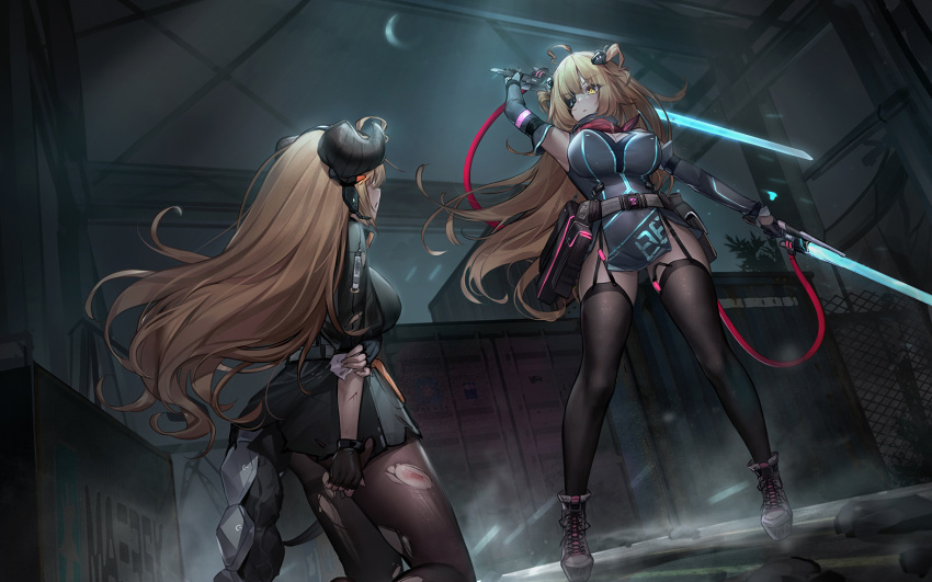 2girls ahoge arm_up belt_pouch black_dress black_gloves blonde_hair boots breasts brown_legwear chain-link_fence commentary container crescent_moon detached_sleeves dk.senie dress dual_wielding eyepatch fence floating_hair garter_straps gloves grey_footwear hair_ornament half_gloves headset holding holding_sword holding_weapon horns injury kneeling large_breasts long_hair long_sleeves looking_at_another moon multiple_girls night original pantyhose parted_lips pouch red_scarf scarf short_dress standing sword symbol-only_commentary thigh-highs torn_clothes torn_legwear two_side_up very_long_hair weapon yellow_eyes