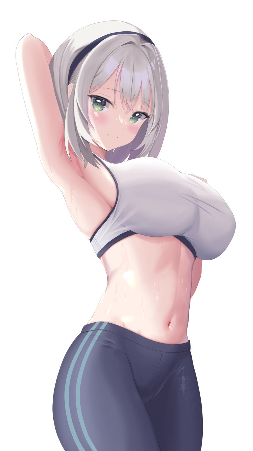 1girl absurdres arm_behind_back arm_behind_head arm_up armpits black_hairband blush breasts closed_mouth green_eyes grey_hair hair_intakes hairband highres hololive incredibly_absurdres large_breasts looking_at_viewer midriff navel pants shirogane_noel short_hair silver_hair simple_background smile solo sports_bra stomach sweat sweatpants up_(osk50217) virtual_youtuber white_background
