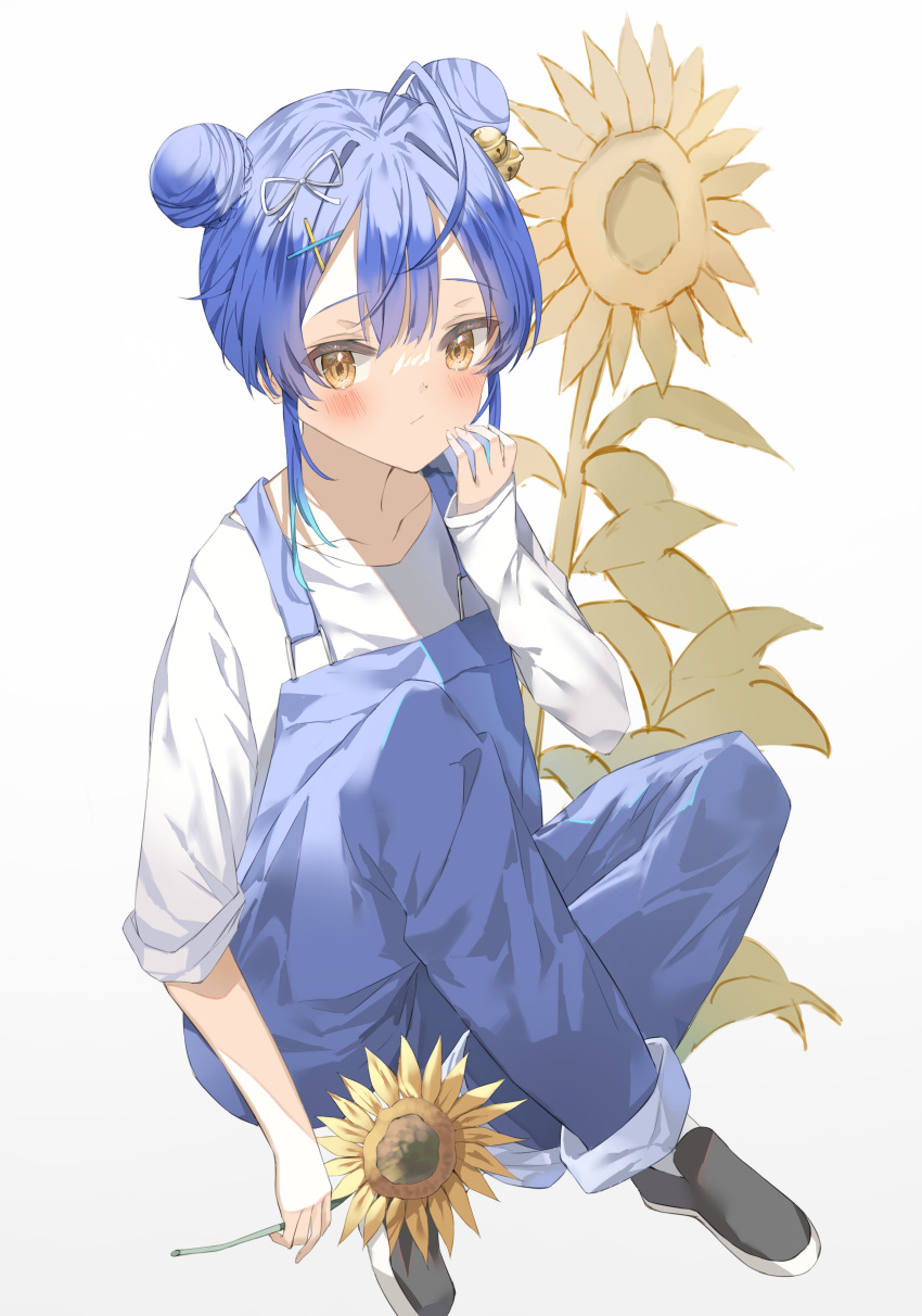 1girl absurdres alternate_costume alternate_hairstyle amamiya_kokoro antenna_hair bangs black_footwear blue_hair blue_overalls blush commentary_request crossed_legs double_bun flower full_body gradient_hair hair_between_eyes hair_up highres holding holding_flower loafers long_sleeves looking_to_the_side multicolored_hair nijisanji overalls pants pants_rolled_up shirt shoes sidelocks simple_background sitting sleeves_rolled_up solo sunflower sutei_(arece15) virtual_youtuber white_background white_shirt yellow_eyes