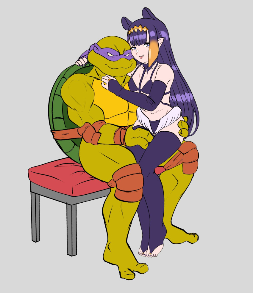 1boy 1girl alternate_costume bangs bench donatello elbow_gloves gloves highres hololive hololive_english long_hair looking_at_viewer low_wings mask multicolored_hair navel ninomae_ina'nis peagade pointy_ears purple_hair shell sitting sitting_on_lap sitting_on_person teenage_mutant_ninja_turtles tentacle_hair thigh-highs turtle virtual_youtuber wings