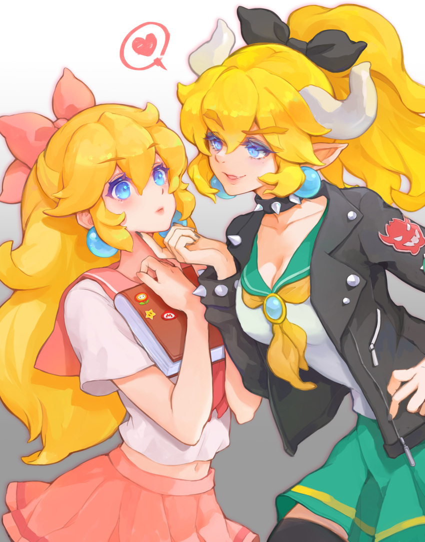 alternate_costume alternate_hairstyle blonde_hair blue_eyes blush book bow bowser bowsette bracelet closed_mouth collar earrings grabbing_another's_chin hair_ornament hand_on_another's_chin heart highres holding holding_book horns jacket jewelry long_hair super_mario_bros. midriff midriff_peek mushroommirror navel neckerchief nintendo princess_peach school_uniform smile spiked_bracelet spiked_collar spikes super_mario_bros. thick_eyebrows white_background
