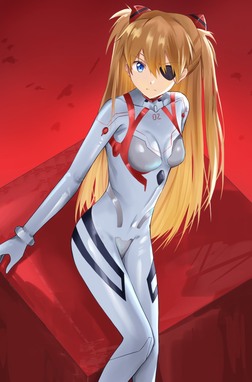 1girl :| absurdres arm_behind_back bangs blue_eyes bodysuit breasts closed_mouth commentary eyepatch hair_between_eyes highres interface_headset leaning_forward long_hair looking_at_viewer neon_genesis_evangelion orange_hair plugsuit ponzu_pon9 red_background small_breasts solo souryuu_asuka_langley standing two_side_up v-shaped_eyebrows very_long_hair white_bodysuit
