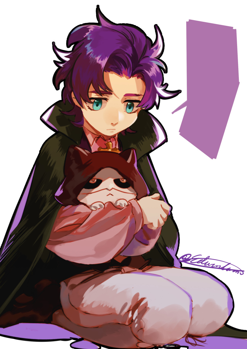 1boy absurdres animal bangs barok_van_zieks black_cloak blue_eyes cat cloak closed_mouth dai_gyakuten_saiban dai_gyakuten_saiban_2 edwintarm gyakuten_saiban highres holding holding_animal hood long_sleeves looking_down male_focus mask pants purple_hair shirt short_hair simple_background solo twitter_username white_background white_pants white_shirt younger