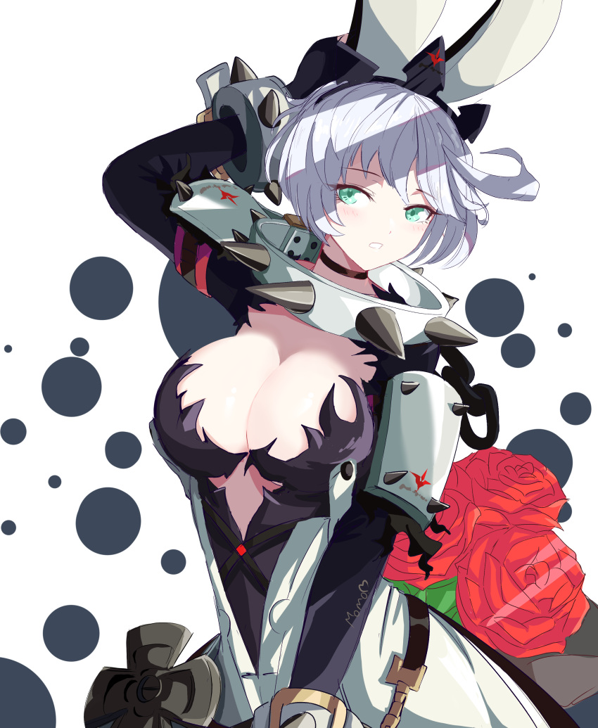 1girl absurdres ahoge animal_ears arm_behind_head arm_up black_choker blush breasts choker collar elphelt_valentine eyebrows_visible_through_hair eyes_visible_through_hair fake_animal_ears flower green_eyes guilty_gear guilty_gear_xrd highres itsher_momo parted_lips red_flower red_rose rose short_hair signature solo spiked_collar spikes tiara