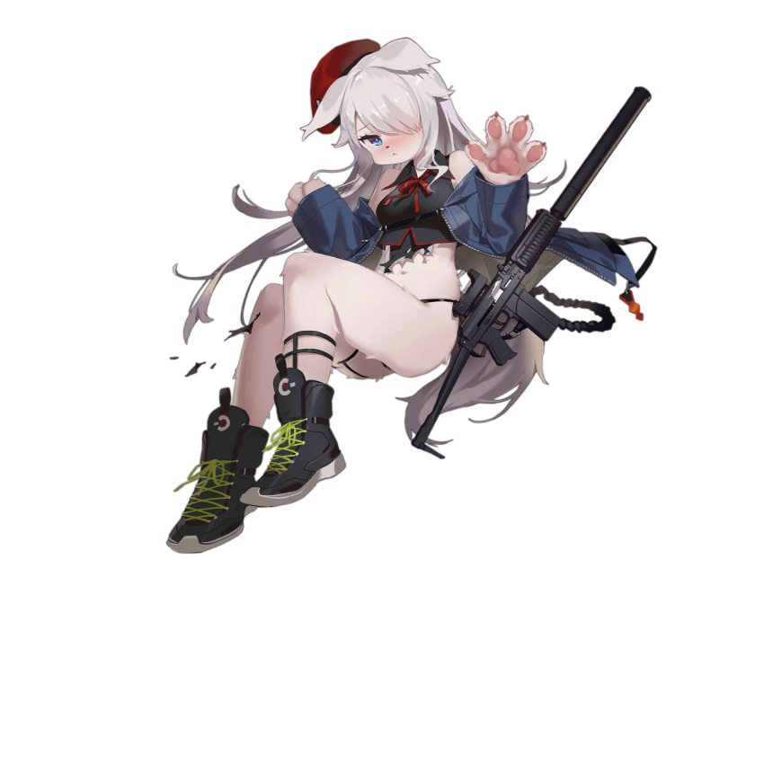 1girl 9a-91 9a-91_(girls_frontline) 9a-91_(travelling_with_a_loyal_friend)_(girls_frontline) :&lt; :o animal_ear_request animal_ears animal_hands animal_nose assault_rifle bare_shoulders beret black_footwear black_jacket black_panties black_shirt blue_eyes blush bow bowtie damaged fangdan_runiu full_body furrification furry furry_female game_cg girls_frontline gun hair_over_one_eye hands_up hat highres jacket long_hair looking_at_viewer midriff navel official_art open_clothes open_jacket panties red_bow red_headwear rifle shirt shoes simple_background sleeveless sleeveless_shirt solo tachi-e tail thigh_pouch thigh_strap thighs torn_clothes torn_shirt transparent_background underwear weapon