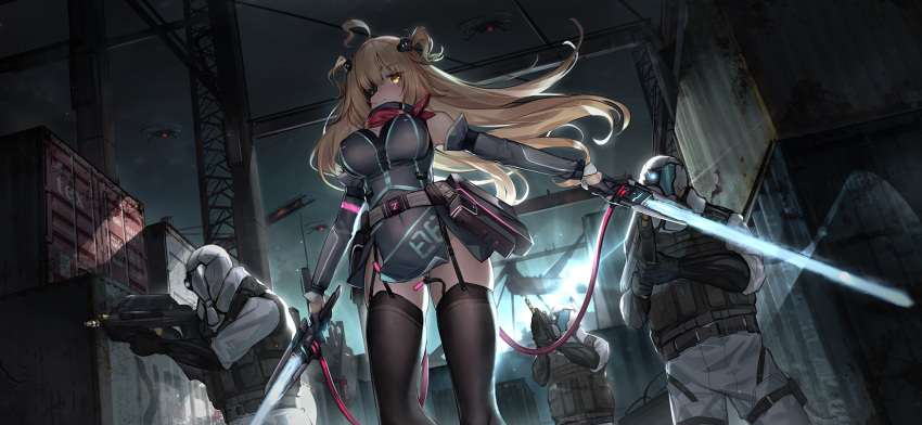 1girl 3others ahoge assault_rifle bangs belt_pouch black_dress black_gloves black_legwear black_vest blonde_hair breasts bulletproof_vest commentary container detached_sleeves dk.senie dress drone dual_wielding eyebrows_visible_through_hair eyepatch facial_mark floating_hair garter_straps gloves gun hair_ornament half_gloves highres holding holding_gun holding_sword holding_weapon large_breasts long_hair long_sleeves looking_at_viewer multiple_others night night_sky original outdoors parted_lips pouch rifle short_dress skindentation sky sleeveless sleeveless_dress standing sword symbol-only_commentary thigh-highs two_side_up very_long_hair vest weapon yellow_eyes
