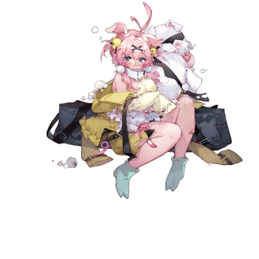 1girl ahoge animal_ears animal_pillow bandaid bandaid_on_leg bandaid_on_nose bell blue_eyes breasts colored_skin full_body game_cg girls_frontline glasses hair_bell hair_ornament hairclip highres holding holding_pillow jacket large_breasts off_shoulder official_art pig_ears pig_girl pig_nose pillow pink_hair pink_skin pout sitting socks solo tabuk_(girls_frontline) tachi-e tearing_up torn_clothes transparent_background twintails weapon_case yellow_jacket you_hashira