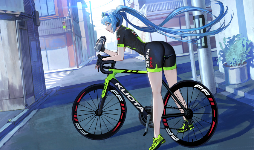 1girl ass bare_legs bicycle black_bodysuit black_gloves blue_eyes blue_hair bodysuit bottle building commentary dutch_angle english_commentary fingerless_gloves full_body gloves green_footwear ground_vehicle hatsune_miku headphones highres holding holding_bottle long_hair looking_at_viewer open_mouth outdoors power_lines profile racing_miku road shade shadow shoes sideways_glance skin_tight smile solo street twintails vertigris very_long_hair vocaloid water_bottle