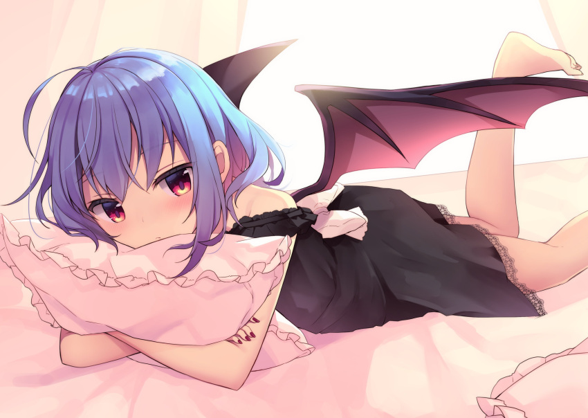 1girl absurdres ahoge alternate_costume barefoot bat_wings black_dress blue_hair blush commentary_request dress highres looking_at_viewer lying nail_polish no_hat no_headwear on_bed on_stomach pillow pillow_hug red_eyes red_nails remilia_scarlet ruhika short_hair solo touhou wings