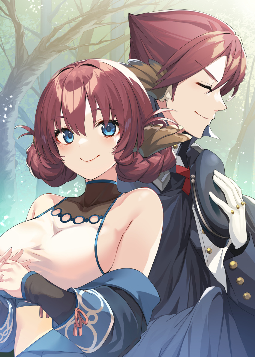 1boy 1girl absurdres bare_shoulders blue_eyes braid braided_bun breasts brother_and_sister brown_hair closed_eyes collarbone double_bun hat hat_removed headwear_removed highres large_breasts long_sleeves looking_at_viewer nosuri off_shoulder official_art open_clothes ougi peaked_cap shirt siblings sleeveless sleeveless_shirt sleeveless_turtleneck smile takehana_note turtleneck upper_body utawarerumono utawarerumono:_lost_flag white_shirt