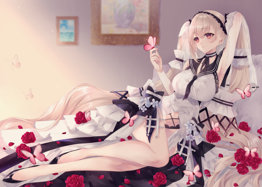 1girl absurdly_long_hair absurdres arm_behind_head azur_lane black_choker black_footwear black_neckwear black_sailor_collar bow_dress breasts bug butterfly choker clothing_cutout dress dress_flower feather_dress flower formidable_(azur_lane) formidable_(timeless_classics)_(azur_lane) full_body hair_ornament highres indoors large_breasts long_hair navel_cutout official_alternate_costume on_bed orii_(fsgp5252) pillow pink_butterfly platinum_blonde_hair red_eyes red_flower sailor_collar shoes sleeveless sleeveless_dress solo twintails two-tone_dress two-tone_ribbon veil very_long_hair white_dress