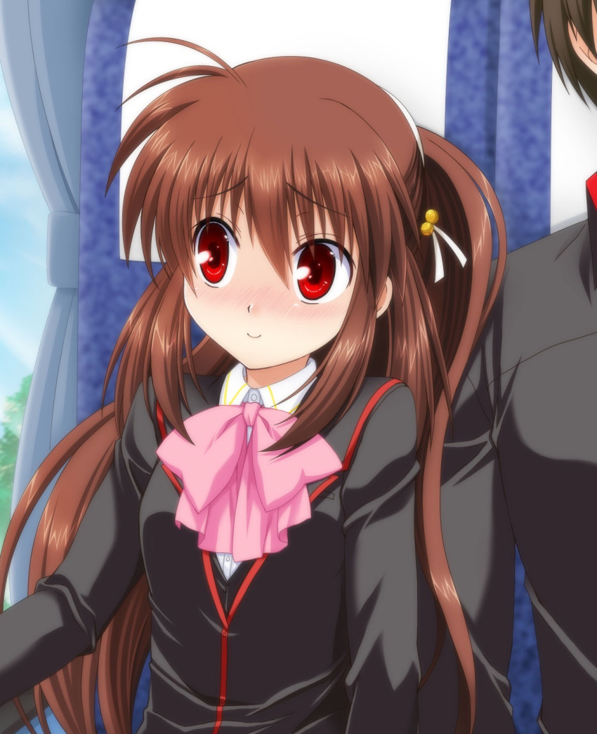 1boy 1girl black_jacket blazer brother_and_sister brown_hair bus_interior commentary_request highres ikeda_jun_(aquaqua) jacket little_busters!! long_hair looking_to_the_side natsume_rin pink_neckwear ponytail red_eyes school_uniform siblings sitting solo_focus upper_body window