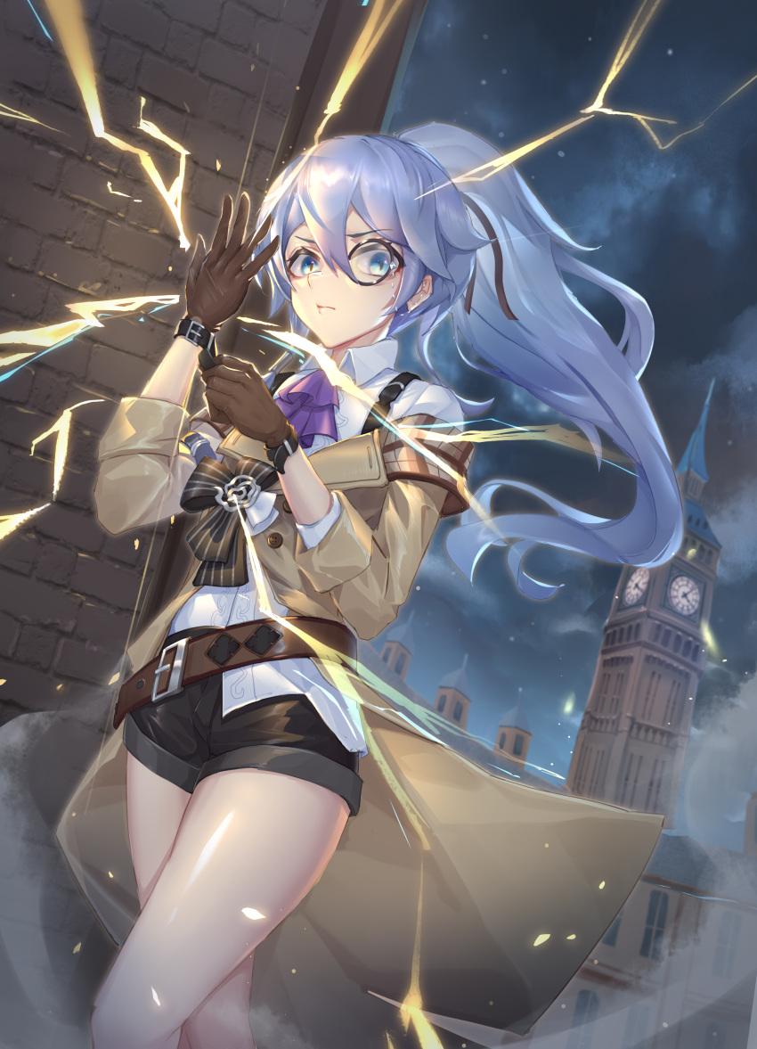 1girl absurdres bangs belt black_hair black_shorts blue_eyes brown_coat brown_gloves building closed_mouth coat detective electricity fu_hua fu_hua_(valkyrie_accipter) gloves hair_between_eyes highres honkai_(series) honkai_impact_3rd long_hair looking_at_viewer monocle night night_sky outdoors polo_shirt ponytail shirt shorts sky sleeves_rolled_up solo v-shaped_eyebrows white_shirt wucanming
