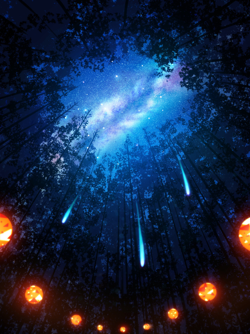 bamboo bamboo_forest clouds falling_star forest highres lantern nature night no_humans original outdoors scenery shuu_illust sky star_(sky) starry_sky tree
