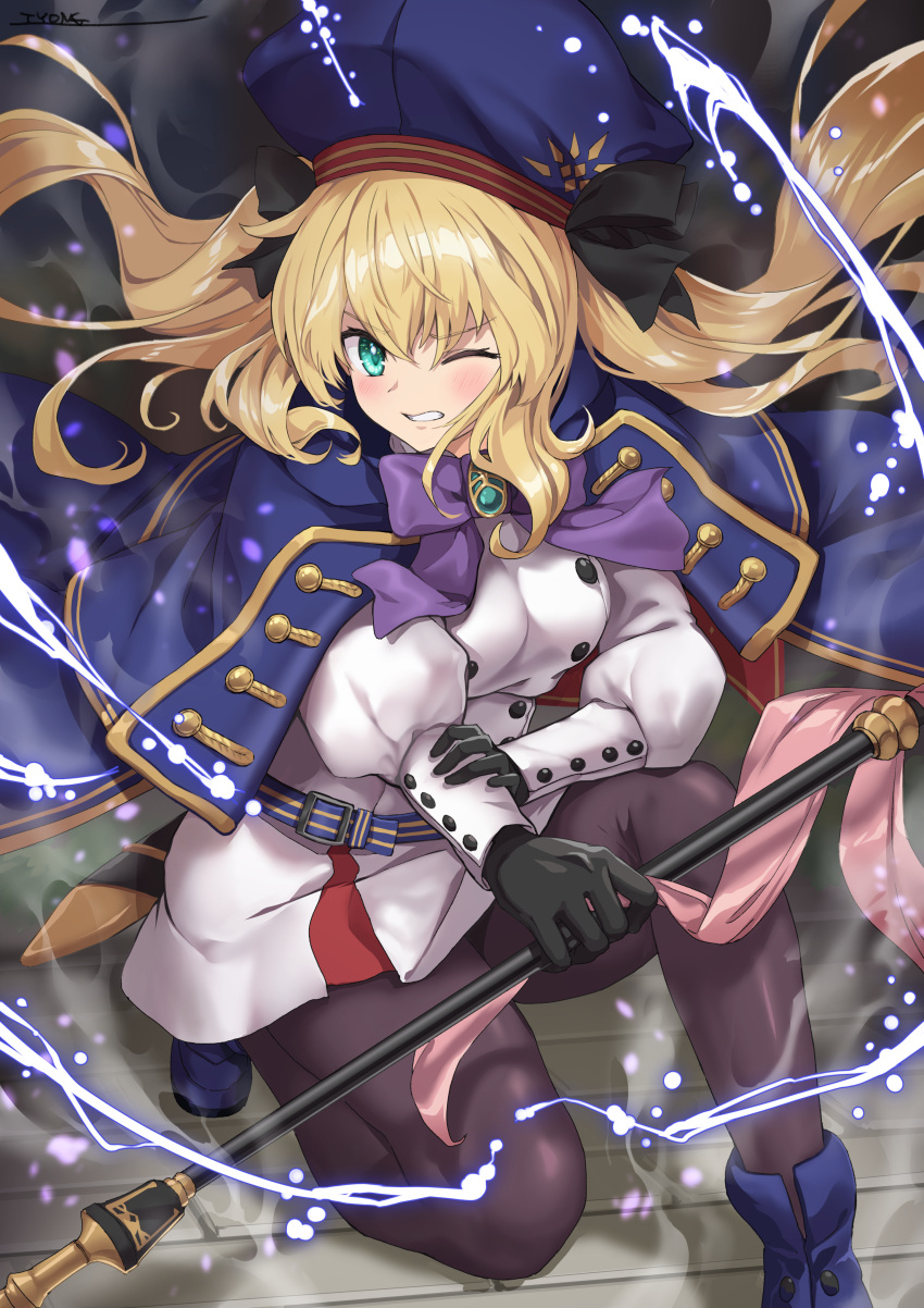 1girl absurdres artoria_pendragon_(caster)_(fate) artoria_pendragon_(fate) bangs belt beret black_gloves black_legwear blonde_hair blue_cape blue_headwear blush breasts buttons cape clenched_teeth double-breasted dress fate/grand_order fate_(series) gloves green_eyes hat highres holding holding_staff hood hooded_cape long_hair long_sleeves looking_at_viewer multicolored multicolored_cape multicolored_clothes one_eye_closed pantyhose red_cape small_breasts solo staff teeth thighs twintails tyone white_dress