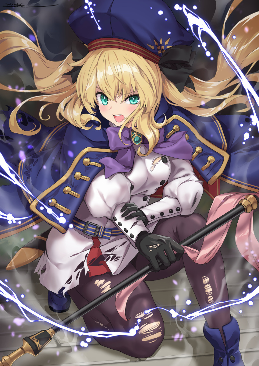 1girl absurdres artoria_pendragon_(caster)_(fate) artoria_pendragon_(fate) bangs belt beret black_gloves black_legwear blonde_hair blue_cape blue_headwear blush breasts buttons cape double-breasted dress fate/grand_order fate_(series) gloves green_eyes hat highres holding holding_staff hood hooded_cape long_hair long_sleeves looking_at_viewer multicolored multicolored_cape multicolored_clothes open_mouth pantyhose red_cape small_breasts solo staff thighs torn_clothes torn_legwear twintails tyone white_dress