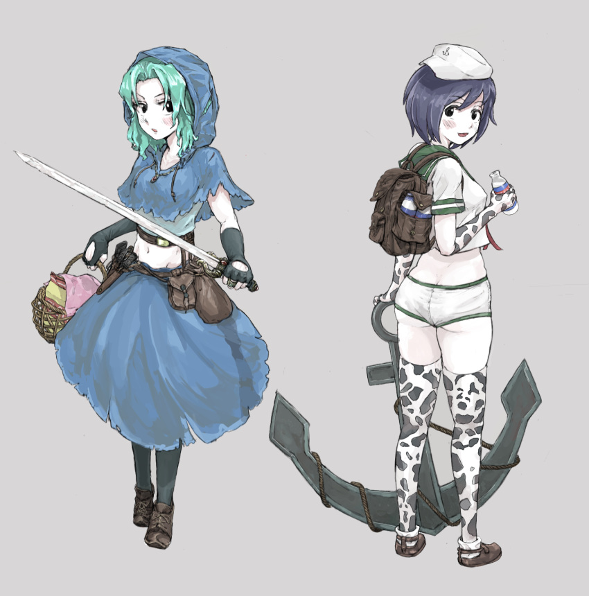 2girls anchor anchor_print animal_print ass backpack bag bangs basket black_eyes black_gloves black_hair black_legwear blue_capelet blue_hair blue_skirt blush bottle breasts brown_footwear capelet closed_mouth colored_skin commentary_request cookie_(touhou) cow_print eyebrows_visible_through_hair fingerless_gloves flour flour_(cookie) full_body gloves grey_background hat highres holding holding_basket holding_bottle holding_sword holding_weapon hood hood_up jewelry kumoi_ichirin looking_at_viewer looking_back medium_breasts medium_hair midriff milk milk_(cookie) milk_bottle multiple_girls murasa_minamitsu navel necklace open_mouth print_gloves print_legwear sailor_collar sailor_hat sailor_shirt shirt short_hair simple_background skirt small_breasts smile socks standing sword touhou weapon white_legwear white_skin yma