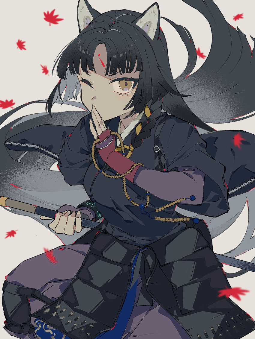 1girl 3pel1 absurdres animal_ears arknights bangs beads black_hair black_kimono dog_ears facial_mark fingerless_gloves forehead_mark gloves grey_background hand_up highres holding holding_weapon japanese_clothes kimono knee_pads leaf long_hair looking_at_viewer one_eye_closed pants polearm prayer_beads purple_pants saga_(arknights) simple_background solo very_long_hair weapon yellow_eyes