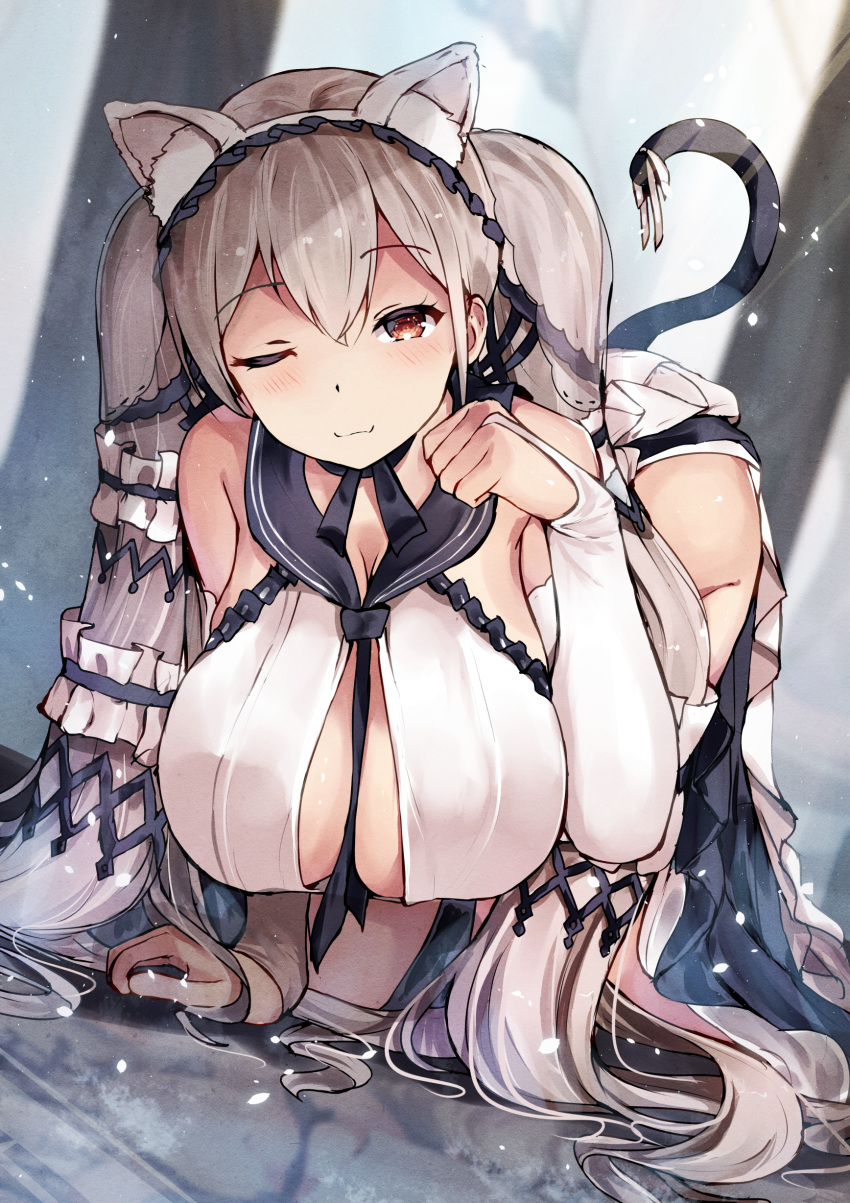 1girl absurdly_long_hair absurdres all_fours animal_ears azur_lane bare_shoulders black_choker black_neckwear black_sailor_collar blurry blurry_background bow_dress breasts bridal_gauntlets cat_ears cat_tail center_opening choker dress dress_flower fake_animal_ears feather_dress formidable_(azur_lane) formidable_(timeless_classics)_(azur_lane) gloves grey_hair highres huge_breasts long_hair looking_at_viewer official_alternate_costume one_eye_closed orange_eyes paw_pose sailor_collar se-u-ra sleeveless sleeveless_dress solo tail two-tone_dress two-tone_ribbon very_long_hair white_dress white_gloves