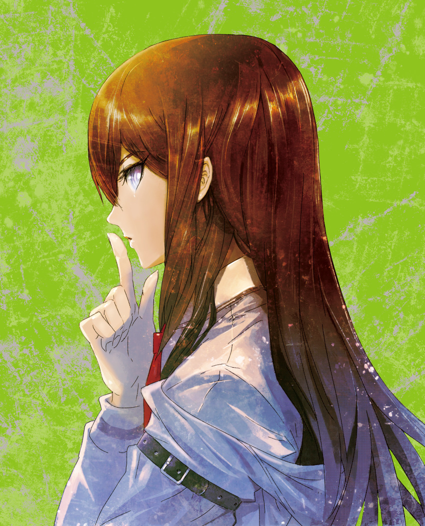 1girl arm_belt bangs belt brown_hair eyelashes finger_to_mouth from_side green_background hand_up highres huke index_finger_raised long_hair long_sleeves looking_at_viewer makise_kurisu necktie off_shoulder official_art parted_lips profile red_necktie shushing sideways_glance solo steins;gate upper_body violet_eyes