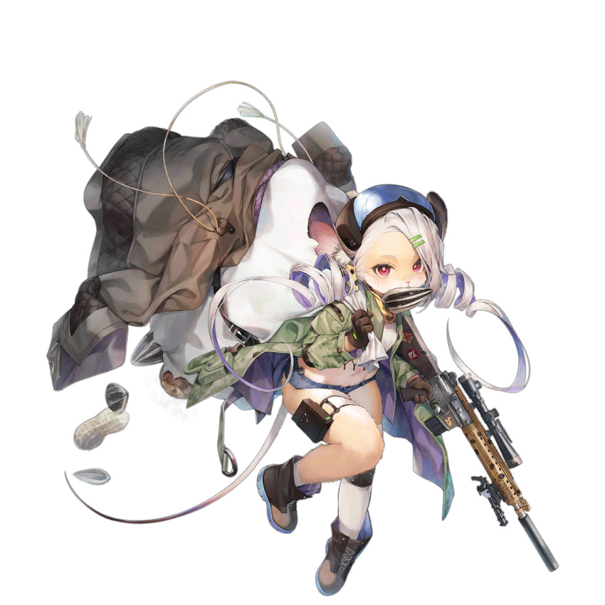 1girl animal_ears animal_nose asymmetrical_legwear black_footwear black_gloves black_headwear black_jacket blue_shorts carrying_over_shoulder costume_request denim denim_shorts douya_(233) drill_hair furrification furry furry_female game_cg girls_frontline gloves green_jacket gun highres holding holding_gun holding_weapon jacket jacket_removed knee_pads leaning_forward long_hair looking_at_viewer micro_shorts midriff mismatched_legwear mk_12_(girls_frontline) mk_12_spr mouse_ears mouse_girl mouse_tail mouth_hold official_alternate_costume official_art open_clothes open_jacket peanut red_eyes seed shirt shorts simple_background single_knee_pad single_sock single_thighhigh socks solo standing sunflower_seed tail thigh-highs thigh_pouch transparent_background twin_drills weapon white_hair white_legwear white_shirt