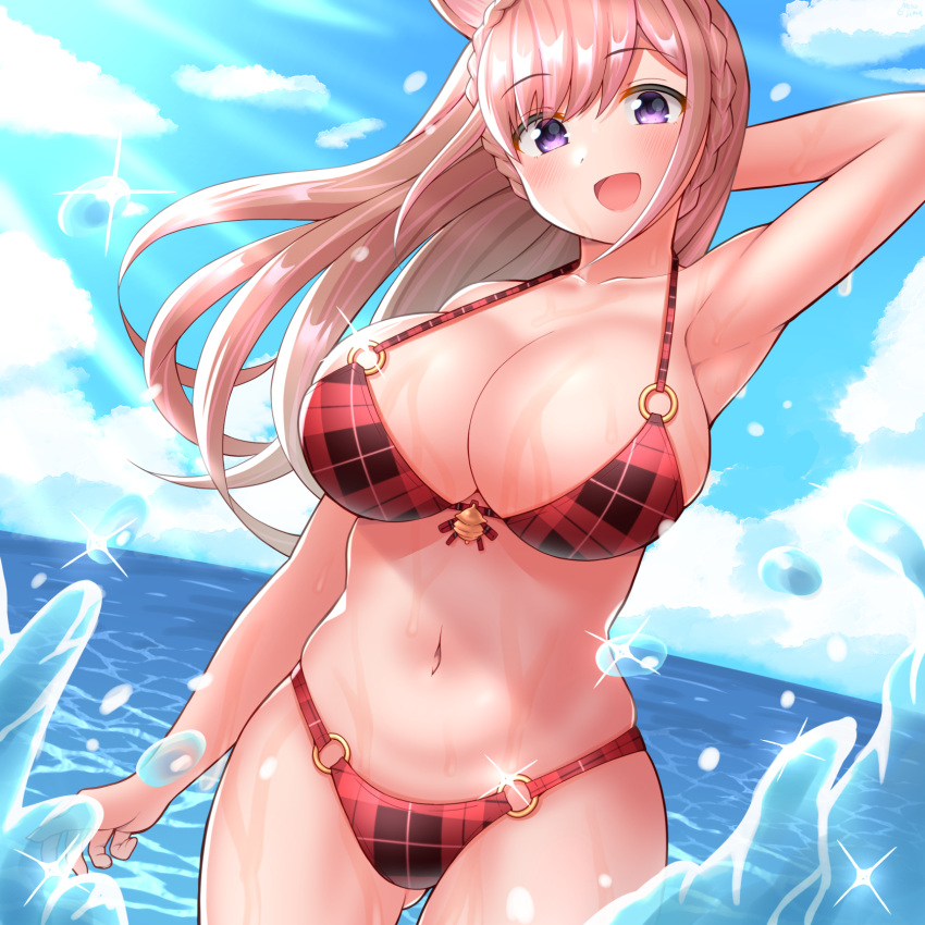 1girl bikini blush breasts clouds cottage_project highres large_breasts looking_at_viewer nekojima4040 open_mouth pink_eyes pink_hair plaid plaid_bikini sky smile solo swimsuit tsumugi_memori virtual_youtuber water