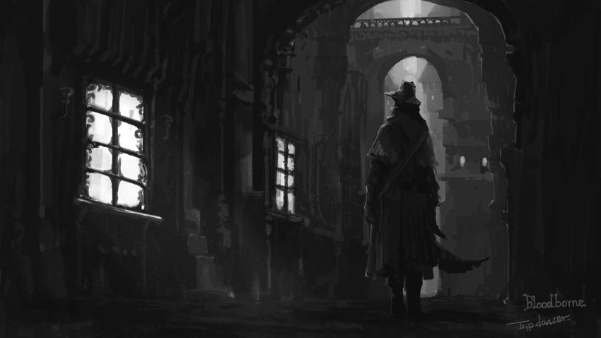 1other ambiguous_gender artist_name bloodborne bridge building coat commentary copyright_name from_behind full_body gloves grey_theme hat highres holding holding_weapon hunter_(bloodborne) looking_to_the_side outdoors solo standing tripdancer weapon window