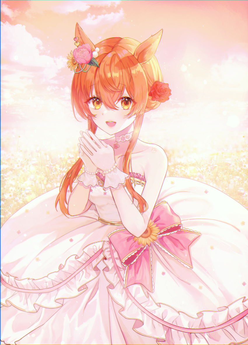 182_1x156_(gkyn8274) 1girl :d absurdres animal_ears bare_shoulders blush choker circle_skirt collarbone dress flower gloves hair_flower hair_ornament hands_clasped highres horse_ears horse_girl huge_filesize lace lace_choker looking_at_viewer mayano_top_gun_(umamusume) open_mouth orange_eyes orange_hair own_hands_together short_hair_with_long_locks sidelocks smile solo strapless strapless_dress umamusume wedding_dress white_choker white_dress white_gloves