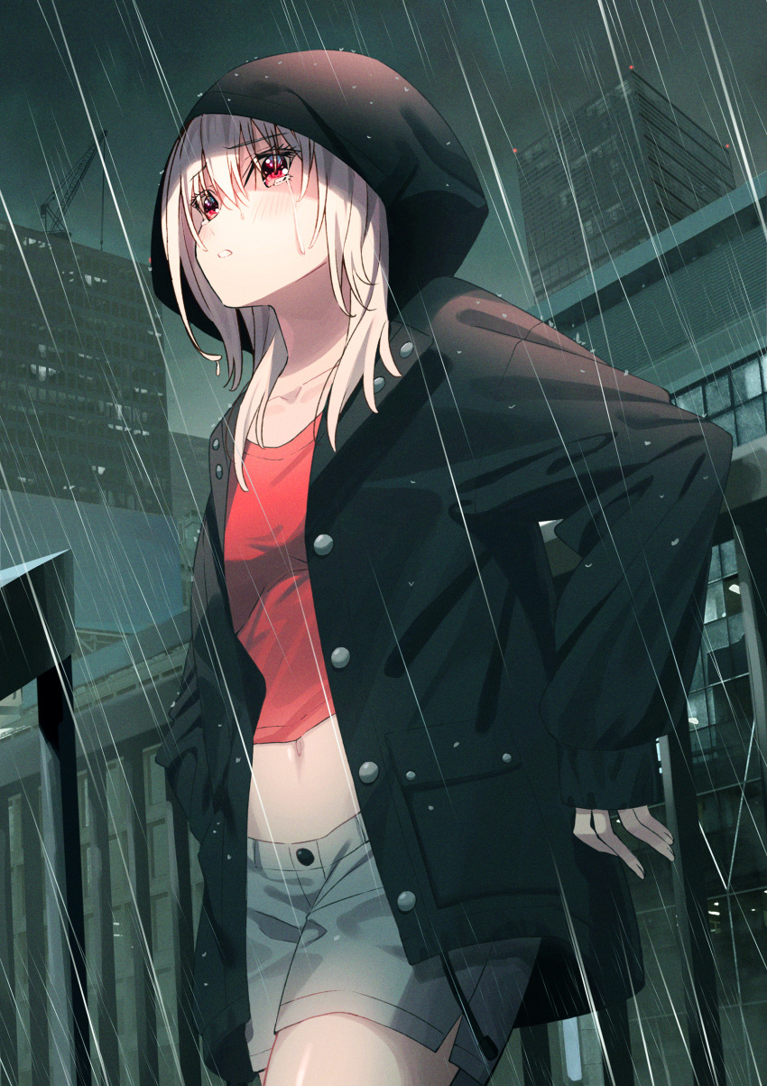 1girl absurdres bangs black_cardigan breasts cardigan collarbone dutch_angle eyebrows_visible_through_hair grey_shorts hair_between_eyes highres hood hood_up hooded_cardigan koh_rd long_hair looking_up midriff navel open_cardigan open_clothes original outdoors parted_lips rain red_eyes red_shirt shiny shiny_skin shirt short_shorts shorts silver_hair small_breasts solo stomach tears