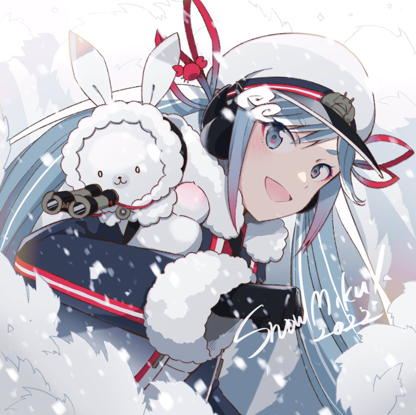 1girl 1other agonasubi animal_on_shoulder binoculars black_gloves blue_coat blue_eyes blue_hair character_name coat commentary dip-dyed_hair fur-trimmed_coat fur-trimmed_hood fur_trim gloves hat hatsune_miku highres hood hood_up looking_at_viewer military military_uniform multicolored_hair naval_uniform open_mouth rabbit rabbit_tail rabbit_yukine redhead sailor sailor_hat smile snow tail two-tone_hair uniform upper_body vocaloid white_headwear yuki_miku yuki_miku_(2022)