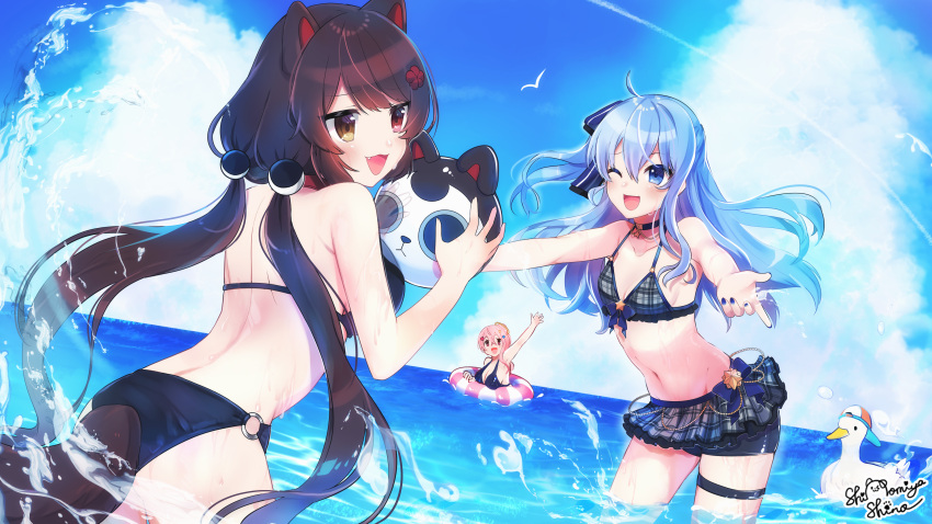 3girls :d ;d absurdres ahoge anemachi animal_ears arm_up back ball bangs bare_arms bare_shoulders baseball_cap beachball bikini bikini_skirt black_bikini blue_eyes blue_hair blue_nails blue_ribbon breasts brown_eyes brown_hair choker commentary_request commission dog_ears dog_girl dog_tail eyebrows_visible_through_hair fang flower grey_bikini hair_flower hair_ornament hair_ribbon halter_top halterneck hat heterochromia highres holding holding_ball holding_beachball hololive hoshimachi_suisei inui_toko large_breasts leaning_forward long_hair looking_at_another looking_to_the_side low_twintails multiple_girls nail_polish navel nijisanji one_eye_closed one_side_up open_mouth outstretched_arms pink_hair plaid plaid_bikini red_eyes ribbon shinomiya_shino_(sinosino141) signature skeb_commission small_breasts smile standing stomach subaru_duck swimsuit tail thigh_strap twintails very_long_hair virtual_youtuber wading water wet