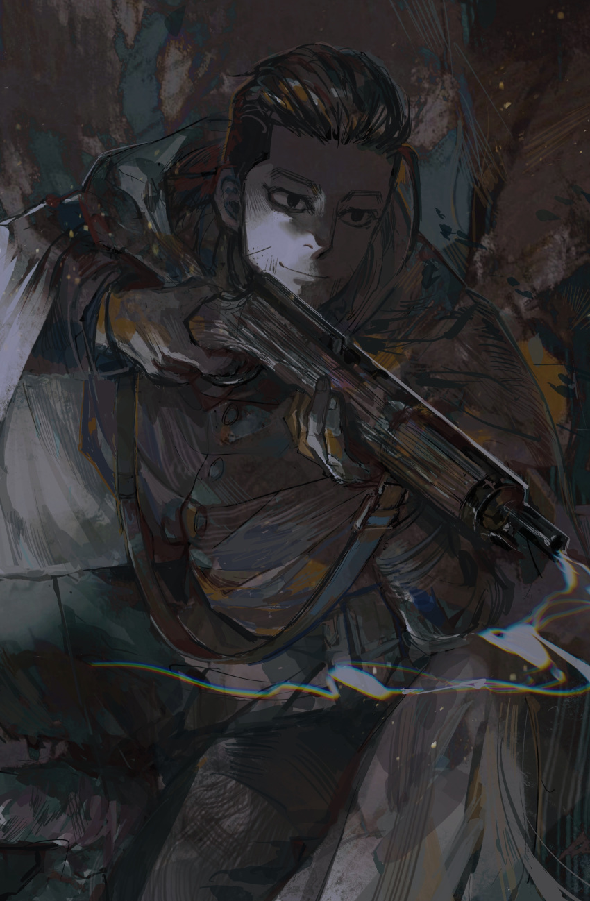 1boy absurdres bangs cloak closed_mouth cowboy_shot golden_kamuy gun highres holding holding_gun holding_weapon jacket long_sleeves looking_away male_focus monochrome nira_(nira_box) ogata_hyakunosuke pants rifle scar scar_on_face short_hair smile smoke smoking_gun solo standing weapon