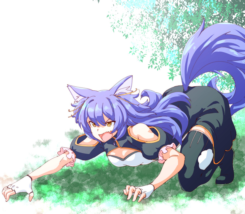 .live 1girl animal_ears breasts cleavage_cutout clothing_cutout fang fingerless_gloves gloves grass highres lgori22 long_hair open_mouth plant pose purple_hair rurun_rururica simple_background small_breasts solo tail thigh-highs virtual_youtuber wolf_ears wolf_tail yellow_eyes