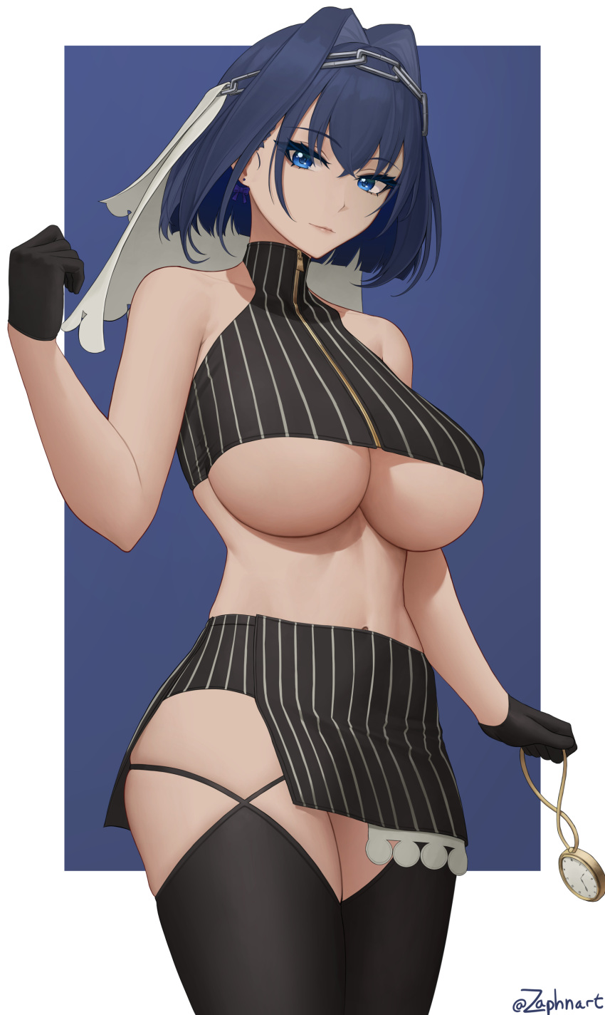 1girl absurdres bare_arms bare_shoulders black_gloves blue_eyes blue_hair border bow bow_earrings breasts chain closed_mouth cowboy_shot crop_top earrings eyebrows_visible_through_hair gloves hair_intakes hairband highres holding_pocket_watch hololive hololive_english jewelry large_breasts looking_at_viewer neck_ribbon ouro_kronii pocket_watch reward_available ribbon ribbon_earrings short_hair skindentation solo thigh-highs thighs twitter_username under_boob veil virtual_youtuber watch white_border zaphn zipper zipper_pull_tab
