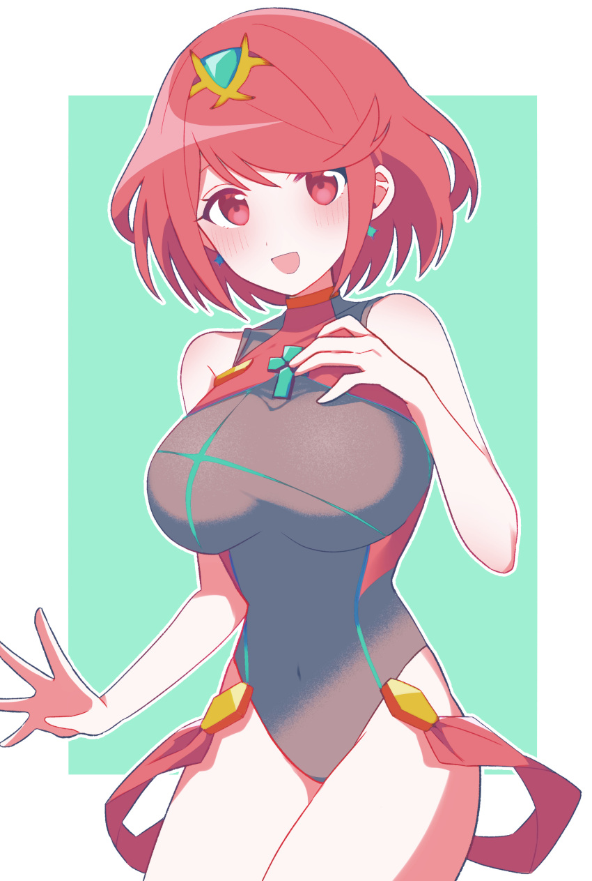1girl absurdres bangs black_swimsuit breasts chest_jewel competition_swimsuit highres kotohatoko510 large_breasts one-piece_swimsuit pyra_(pro_swimmer)_(xenoblade) pyra_(xenoblade) red_eyes red_swimsuit redhead short_hair solo swept_bangs swimsuit two-tone_swimsuit xenoblade_chronicles_(series) xenoblade_chronicles_2
