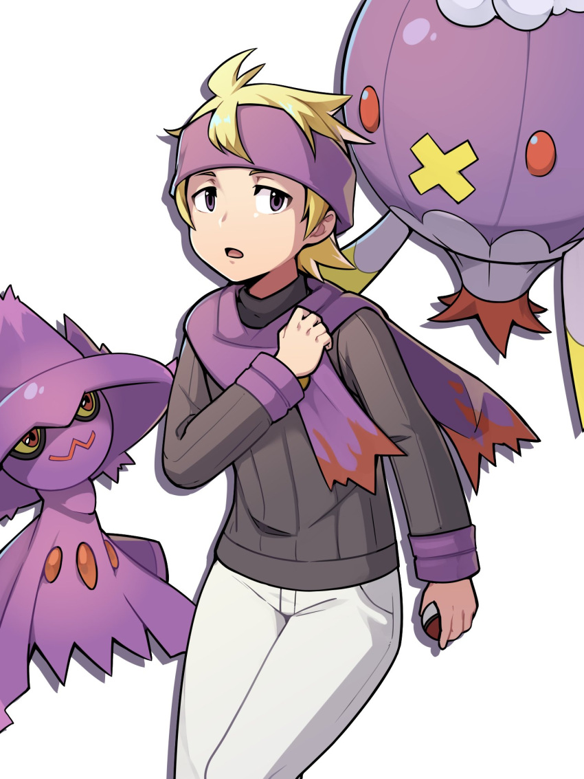 1boy blonde_hair commentary_request drifblim gen_4_pokemon hand_up headband highres holding holding_poke_ball kiwi_of_ruin korean_commentary long_sleeves looking_to_the_side male_focus medium_hair mismagius morty_(pokemon) open_mouth pants poke_ball poke_ball_(basic) pokemon pokemon_(creature) pokemon_(game) pokemon_hgss purple_headband purple_scarf ribbed_sweater scarf simple_background sweater tongue white_background white_pants