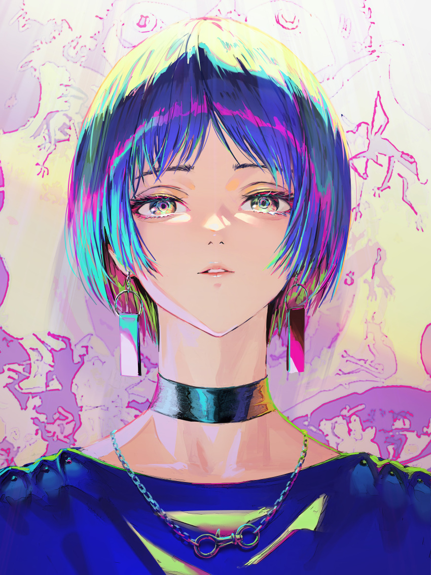 1girl absurdres black_choker blue_hair choker collarbone commentary earrings english_commentary face highres jewelry lips looking_at_viewer multicolored multicolored_eyes nababa necklace original parted_lips ponytail short_hair solo