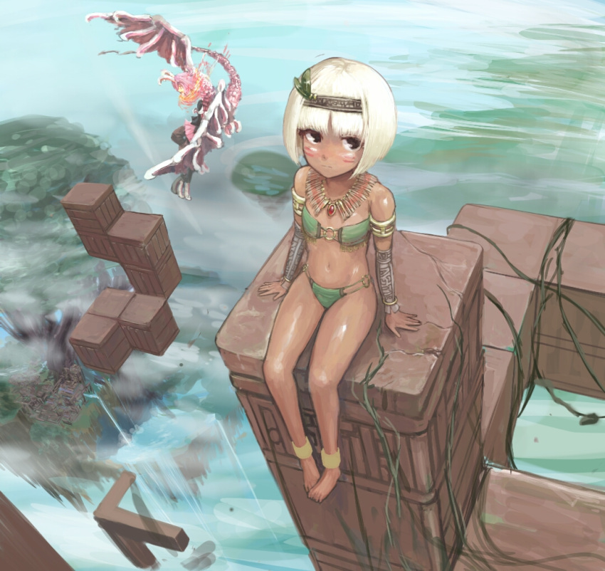2girls animal_ears anklet armlet asatsuki_(cookie) aztec bangs barefoot bikini blunt_bangs bob_cut bracelet breasts breathing_fire city closed_mouth commentary_request cookie_(touhou) dragon dragon_hisui_(cookie) eyepatch_bikini facepaint feather_hair_ornament feathers fire floating_island floating_rock full_body green_bikini hair_ornament hisui_(cookie) jewelry konpaku_youmu long_hair looking_at_viewer multiple_girls navel necklace o-ring o-ring_bikini plant platinum_blonde_hair purple_hair rabbit_ears reisen_udongein_inaba short_hair sitting small_breasts solo_focus swimsuit tan touhou vines water waterfall yma