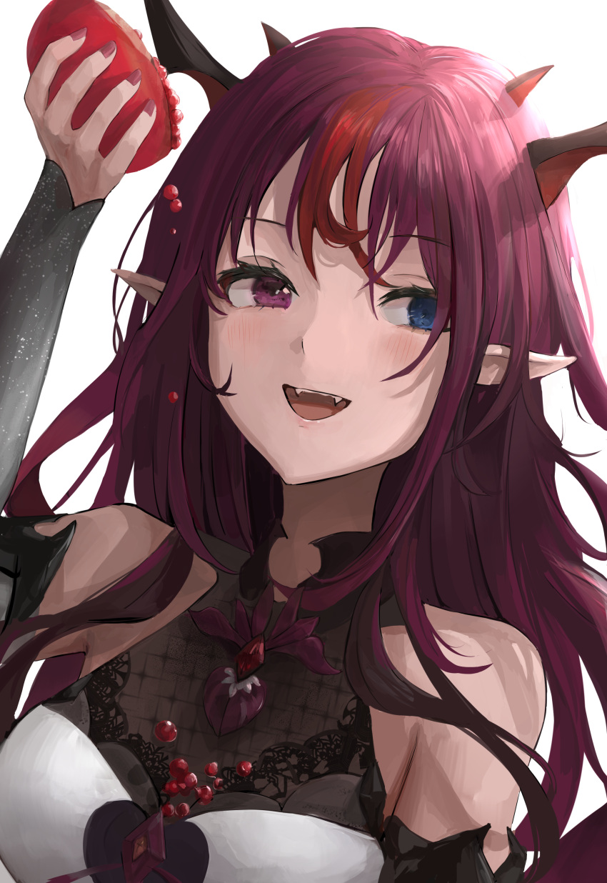 1girl absurdres bare_shoulders blue_eyes breasts chan1moon eyebrows_visible_through_hair food fruit heterochromia highres holding holding_food holding_fruit hololive hololive_english irys_(hololive) long_hair looking_to_the_side pointy_ears pomegranate purple_hair purple_nails upper_teeth violet_eyes virtual_youtuber