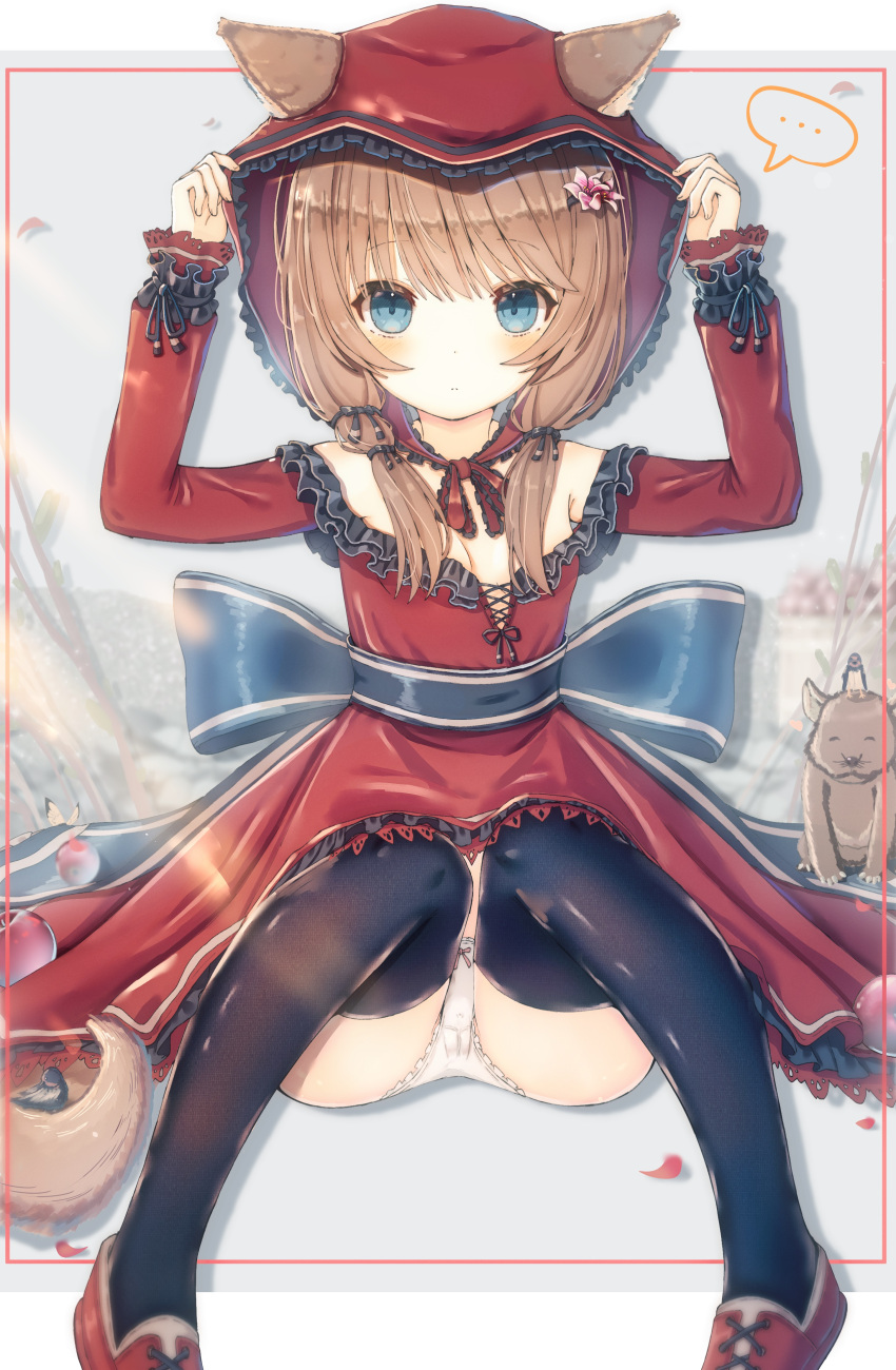 ... 1girl absurdres animal animal_ears arms_up bangs black_bow black_legwear blue_eyes blush bow bow_panties brown_hair closed_mouth clothes_grab dress eyebrows_visible_through_hair flower full_body hair_flower hair_ornament hair_over_shoulder hairclip highres hood hood_up lace-trimmed_dress lace_trim long_hair long_sleeves looking_at_viewer nahril off-shoulder_dress off_shoulder original panties pink_bow red_dress red_footwear shoes sidelocks spoken_ellipsis symbol-only_commentary tail thigh-highs underwear waist_bow white_panties