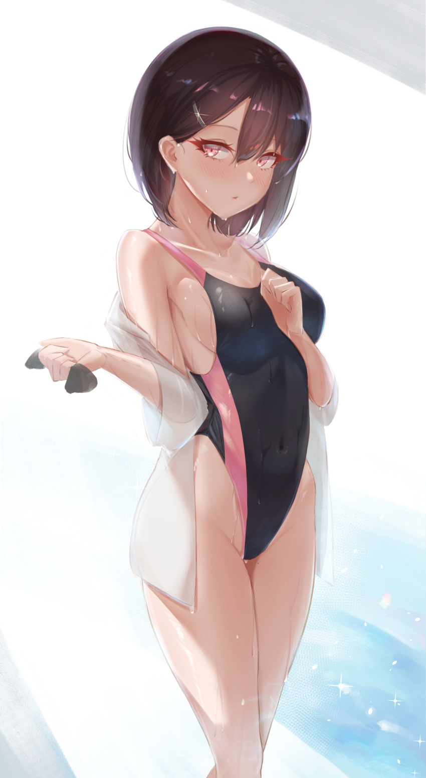 1girl absurdres backlighting bangs black_swimsuit blush breasts brown_hair can_zhu clenched_hands collarbone commentary_request competition_swimsuit covered_navel dripping glint groin hair_between_eyes hair_ornament hairclip hand_on_own_chest hands_up highleg highleg_swimsuit highres holding legs_together looking_at_viewer mole mole_on_thigh off_shoulder one-piece_swimsuit open_clothes open_shirt original parted_lips pool poolside revision shirt short_hair sideboob small_breasts solo sparkle standing swim_cap swim_cap_removed swimsuit swimsuit_under_clothes wet wet_clothes wet_shirt wet_swimsuit white_shirt
