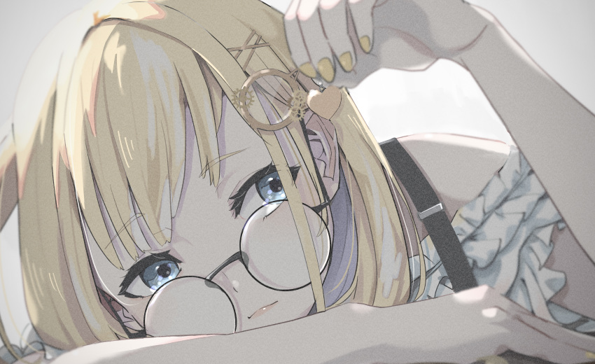 1girl absurdres blonde_hair closed_mouth commentary_request eyebrows_visible_through_hair glasses hair_ornament highres holding holding_jewelry hololive hololive_english jewelry looking_to_the_side monocle_hair_ornament tsukitoinu virtual_youtuber watson_amelia yellow_nails
