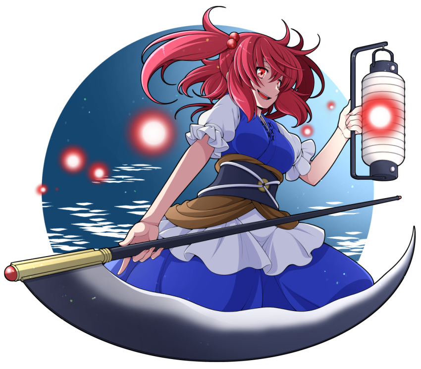 1girl breasts coin_on_string eichi_yuu hair_between_eyes hair_bobbles hair_ornament holding holding_scythe holding_weapon japanese_clothes lantern large_breasts looking_at_viewer o-ring obi onozuka_komachi puffy_short_sleeves puffy_sleeves red_eyes redhead sash scythe shinigami short_hair short_sleeves touhou two_side_up weapon