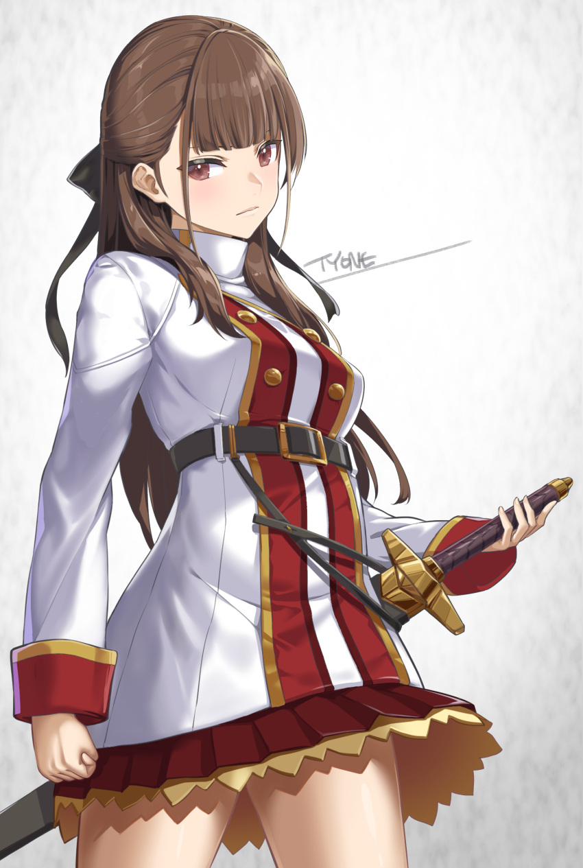 1girl bangs black_bow bow breasts brown_eyes brown_hair closed_mouth eyebrows_visible_through_hair hair_bow highres holding holding_sword holding_weapon jacket long_hair long_sleeves looking_at_viewer medium_breasts original pleated_skirt red_skirt sheath sheathed signature skirt sleeves_past_wrists solo sword tyone very_long_hair weapon white_jacket
