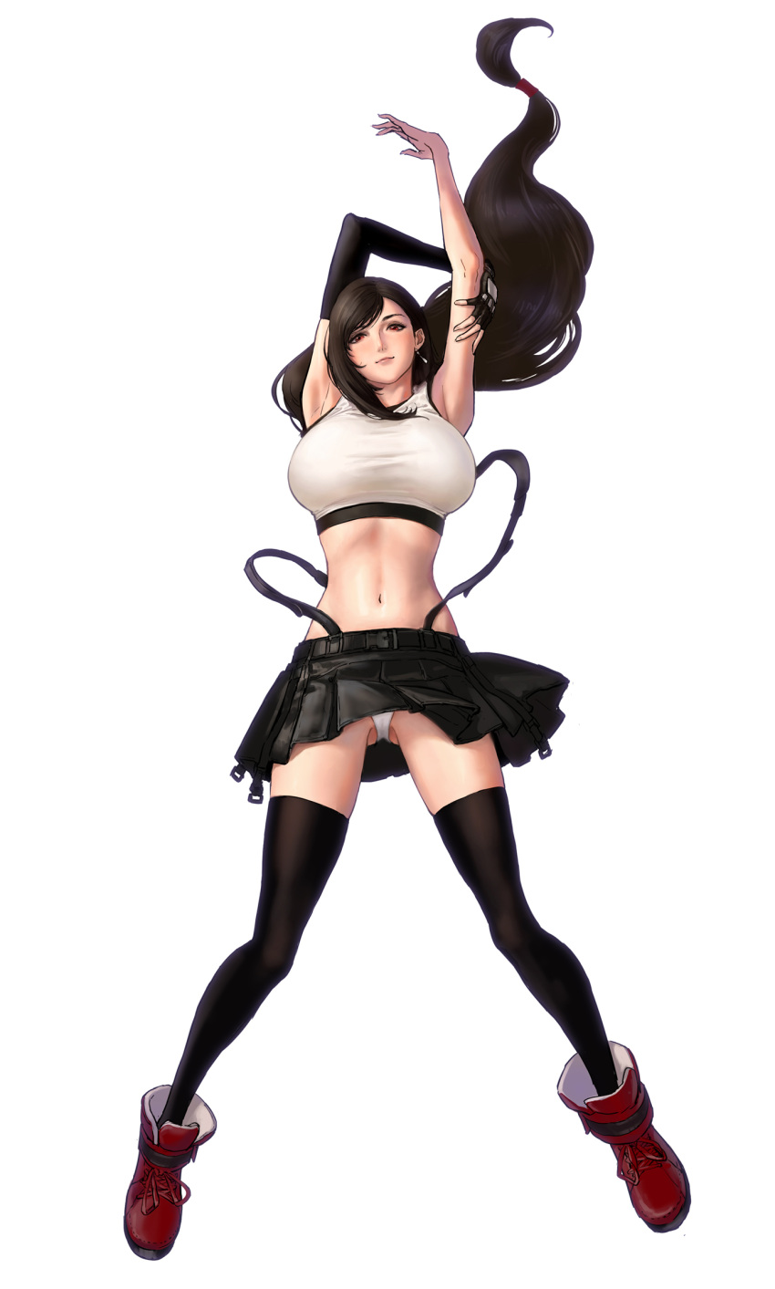 1girl armpits arms_up black_legwear breasts brown_hair clothes_lift crop_top earrings elbow_gloves final_fantasy final_fantasy_vii final_fantasy_vii_remake fingerless_gloves gloves highres jewelry large_breasts lips long_hair low-tied_long_hair lying miniskirt on_back panties pantyshot red_eyes red_footwear single_glove skirt skirt_lift smile solo suspender_skirt suspenders suspenders_removed tank_top thigh-highs tifa_lockhart underwear white_background white_panties white_tank_top zjl_baiqishi