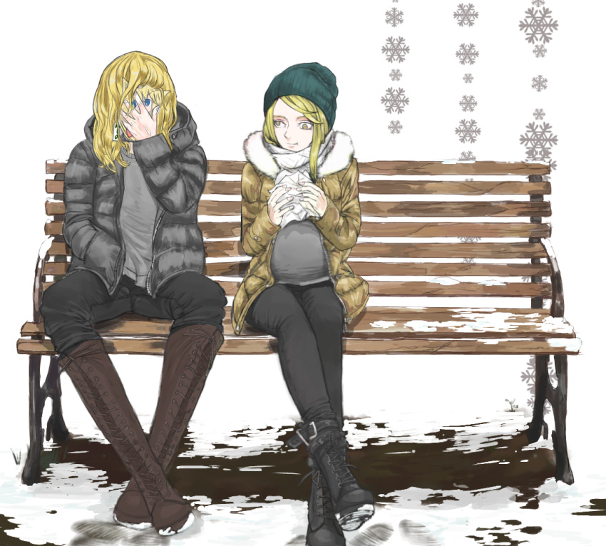 2boys 6_9 atouda_ako_(character) bangs beanie bench black_footwear black_jacket black_pants blonde_hair boots brown_coat brown_footwear closed_mouth coat commentary_request cookie_(touhou) full_body green_headwear grey_shirt hat hazuna_rio holding jacket kirisame_marisa knee_boots long_hair long_sleeves looking_at_another male_focus multiple_boys pants shirt sitting smile snow snowflakes touhou yellow_eyes yma