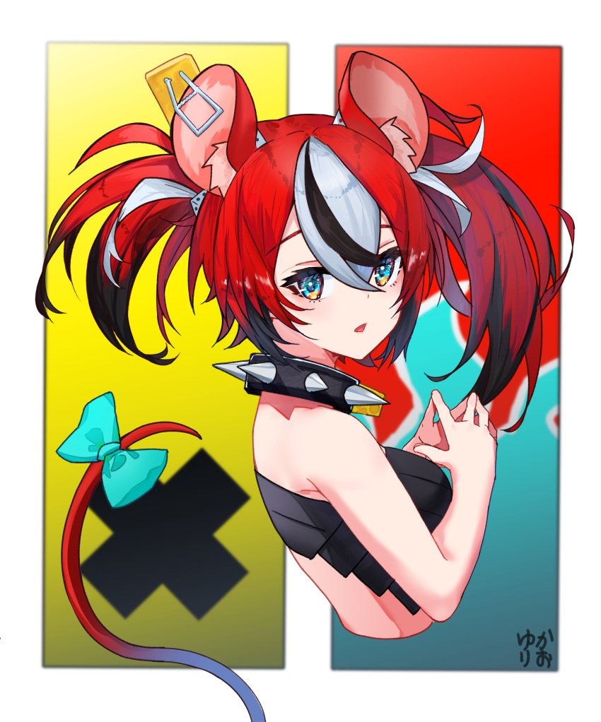 1girl absurdres animal_ears bandeau bare_arms bare_shoulders blue_eyes collar cropped_torso dice_hair_ornament from_side hair_ornament hakos_baelz highres hololive mouse_ears mouse_girl mouse_tail multicolored_hair parted_lips redhead ribbon signature skin_tight solo spiked_collar spikes steepled_fingers streaked_hair tail tail_ornament tail_ribbon twintails uneven_twintails virtual_youtuber yukario